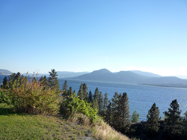 View of Lake Okanagan from a winery garden.