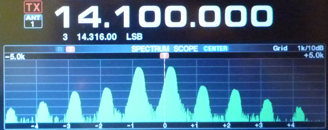 Fig.1: Spectrogram of transmitter 2-tone IMD test. Image: VA7OJ.