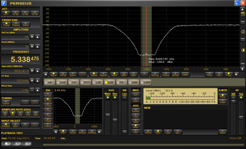 Perseus GUI display (NPR test with notched noise). Image: VA7OJ.